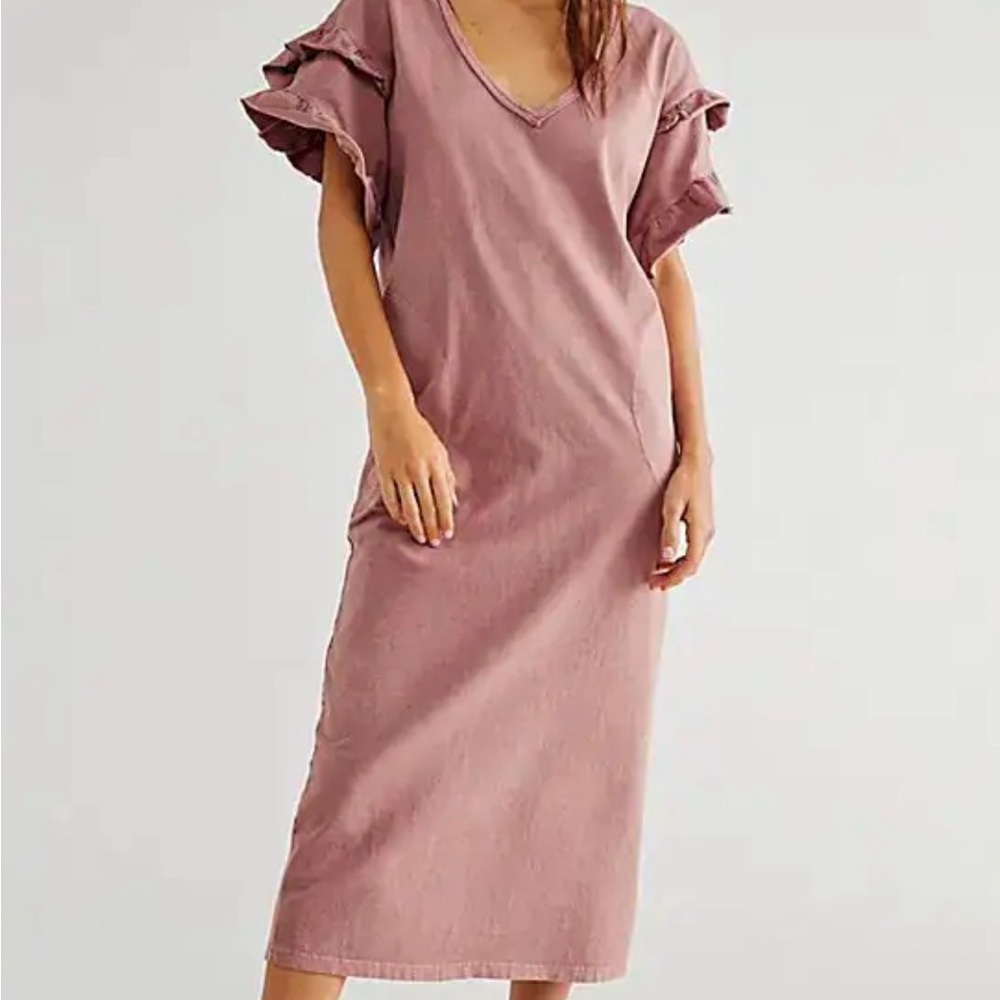 Free People Mauve V-Neck Ruffle Midi Dress